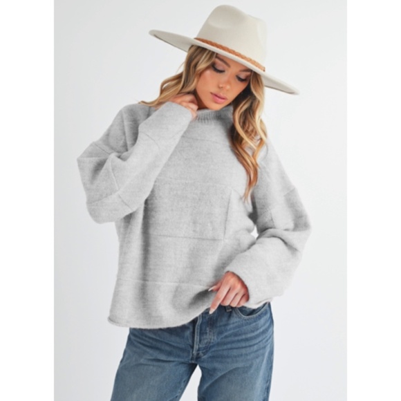Heather Gray Ryleigh Mock Neck Patchwork Knit Winter Casual Sweater - Picture 1 of 8